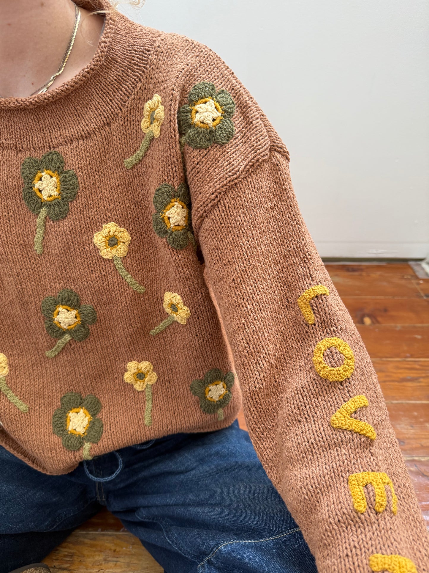 Flower Lover Sweater, Hand Knit & Natural Dyes & Crochet Appliqué