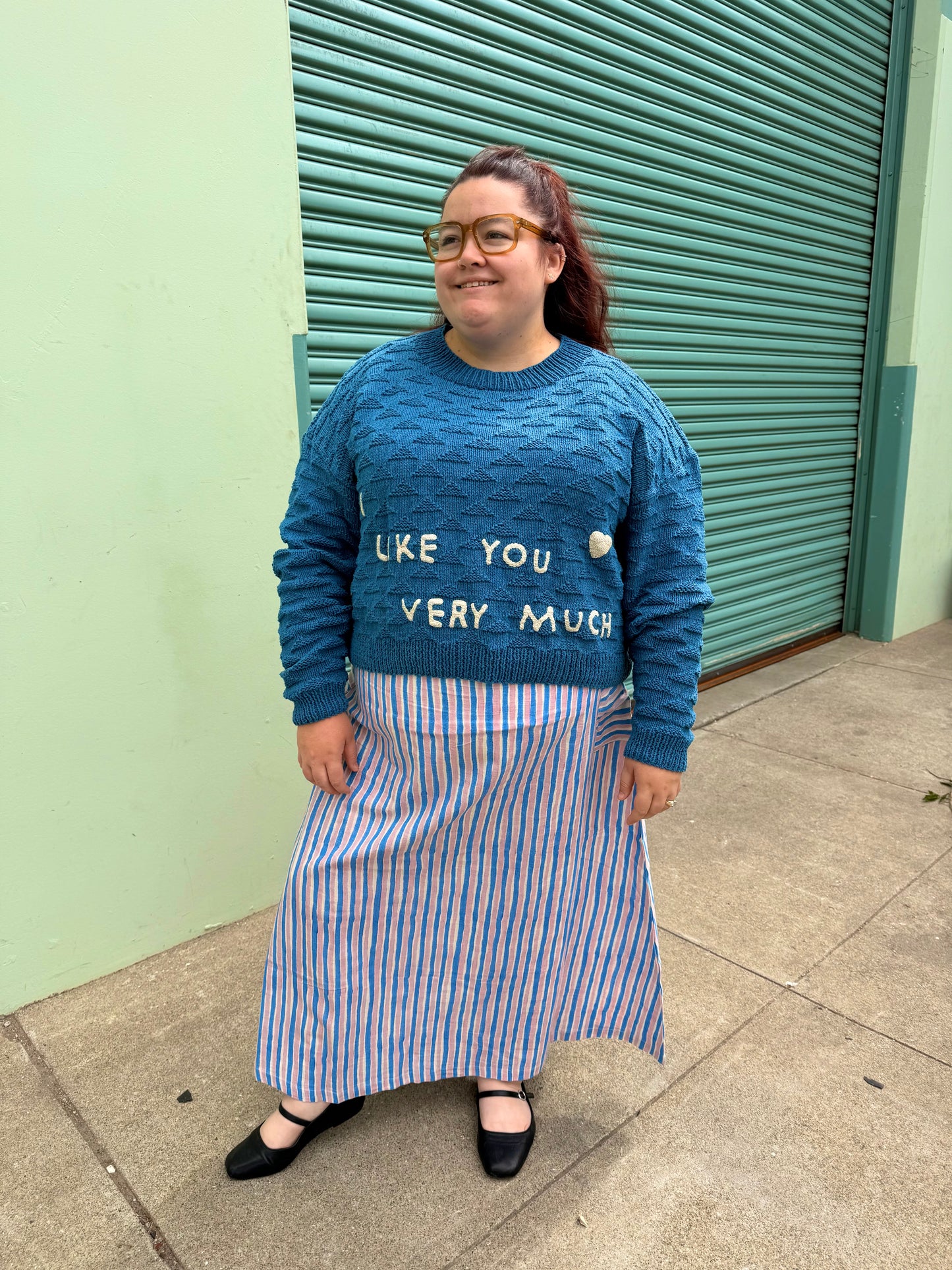 I Like You Very Much Sweater, Hand Knit & Natural Dyes & Crochet Appliqué