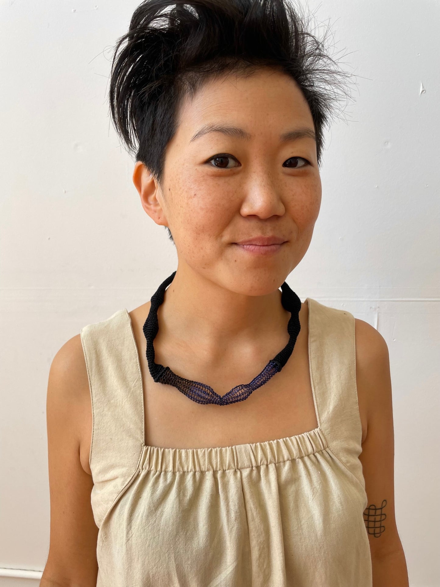 Blue Accent Wave Necklace - Cotton & Metal