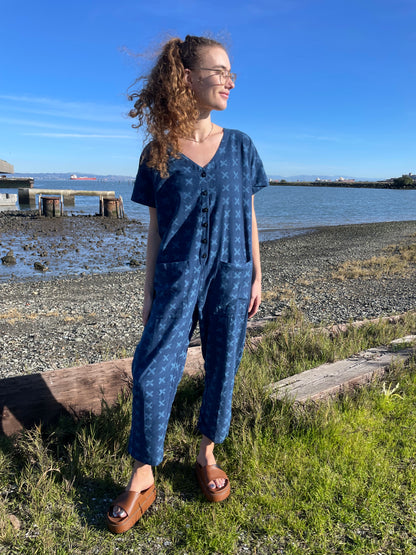 Short Sleeve Light Indigo Cross Jumpsuit