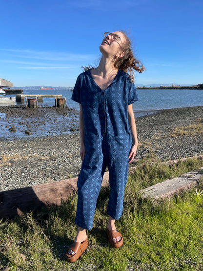 Short Sleeve Light Indigo Cross Jumpsuit