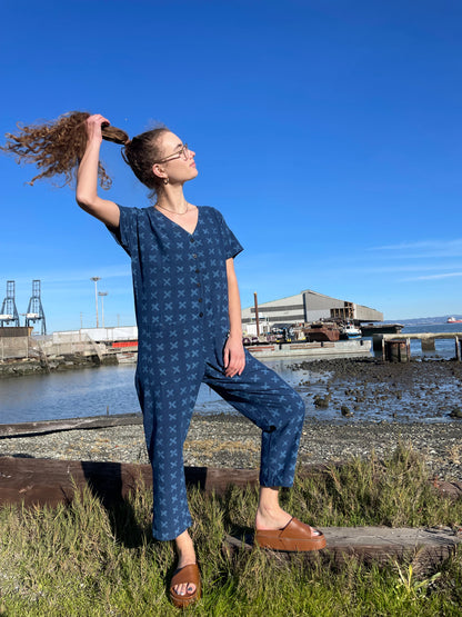Short Sleeve Light Indigo Cross Jumpsuit
