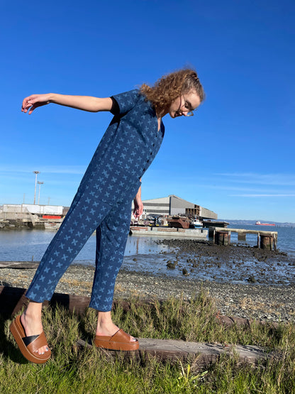 Short Sleeve Light Indigo Cross Jumpsuit