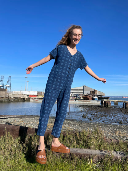 Short Sleeve Light Indigo Cross Jumpsuit