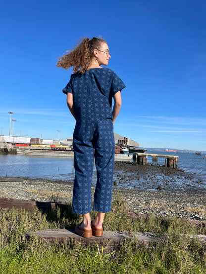 Short Sleeve Light Indigo Cross Jumpsuit