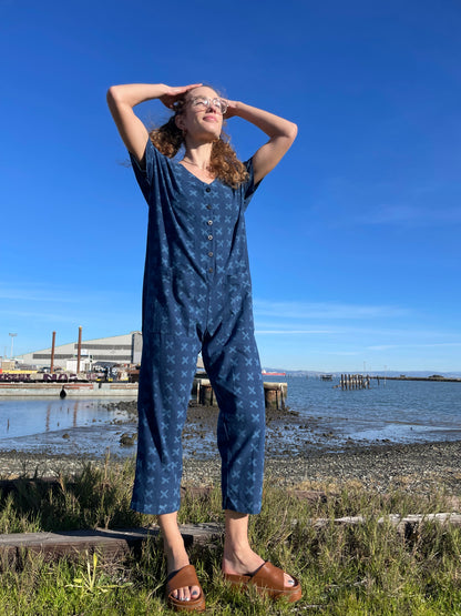 Short Sleeve Light Indigo Cross Jumpsuit