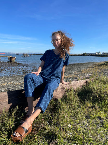 Short Sleeve Light Indigo Cross Jumpsuit
