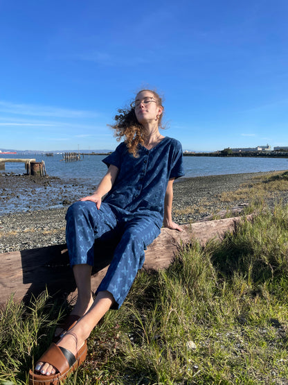 Short Sleeve Light Indigo Cross Jumpsuit