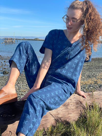 Short Sleeve Light Indigo Cross Jumpsuit