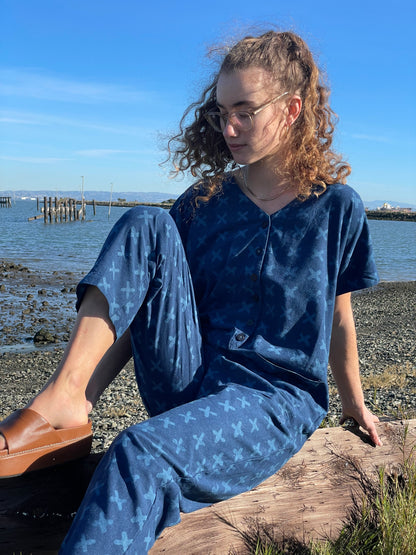 Short Sleeve Light Indigo Cross Jumpsuit