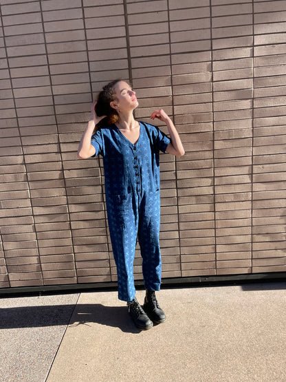 Short Sleeve Light Indigo Cross Jumpsuit