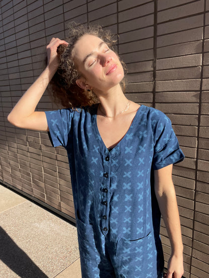 Short Sleeve Light Indigo Cross Jumpsuit
