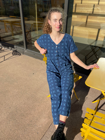 Short Sleeve Light Indigo Cross Jumpsuit