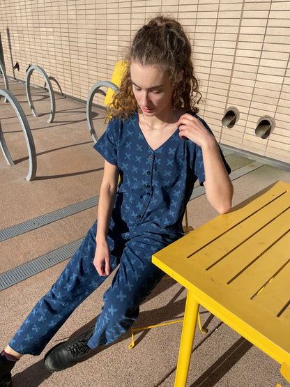 Short Sleeve Light Indigo Cross Jumpsuit