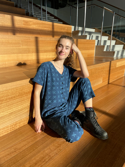 Short Sleeve Light Indigo Cross Jumpsuit