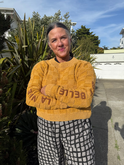 La Vie Est Belle Sweater, Hand Knit & Natural Dyes & Crochet Appliqué