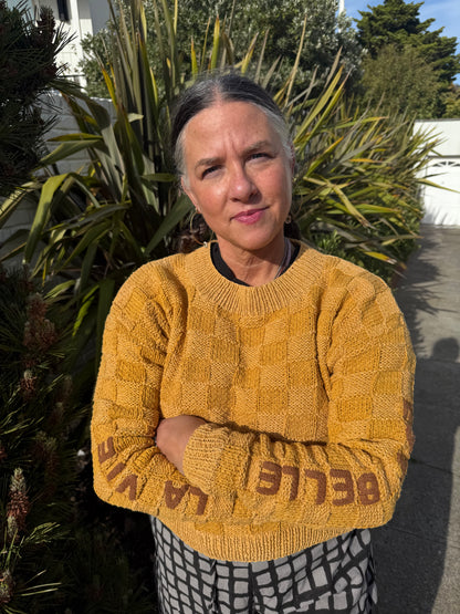 La Vie Est Belle Sweater, Hand Knit & Natural Dyes & Crochet Appliqué
