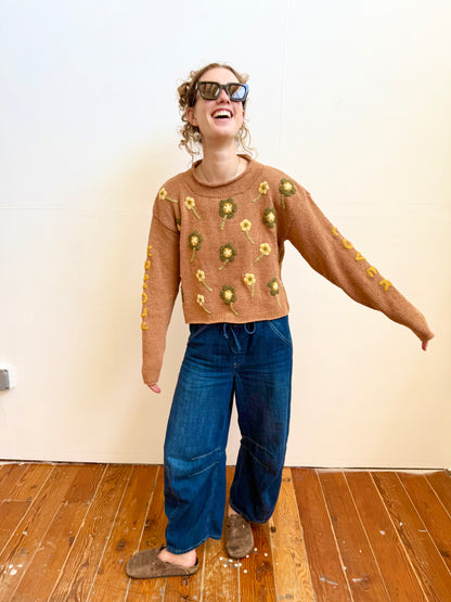 Flower Lover Sweater, Hand Knit & Natural Dyes & Crochet Appliqué