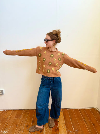 Flower Lover Sweater, Hand Knit & Natural Dyes & Crochet Appliqué