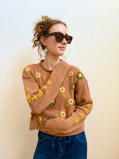 Flower Lover Sweater, Hand Knit & Natural Dyes & Crochet Appliqué