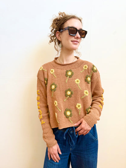 Flower Lover Sweater, Hand Knit & Natural Dyes & Crochet Appliqué