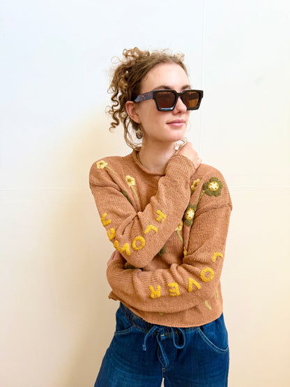 Flower Lover Sweater, Hand Knit & Natural Dyes & Crochet Appliqué