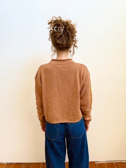 Flower Lover Sweater, Hand Knit & Natural Dyes & Crochet Appliqué