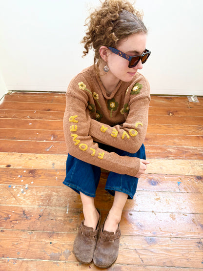 Flower Lover Sweater, Hand Knit & Natural Dyes & Crochet Appliqué