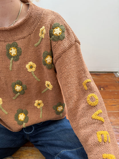 Flower Lover Sweater, Hand Knit & Natural Dyes & Crochet Appliqué