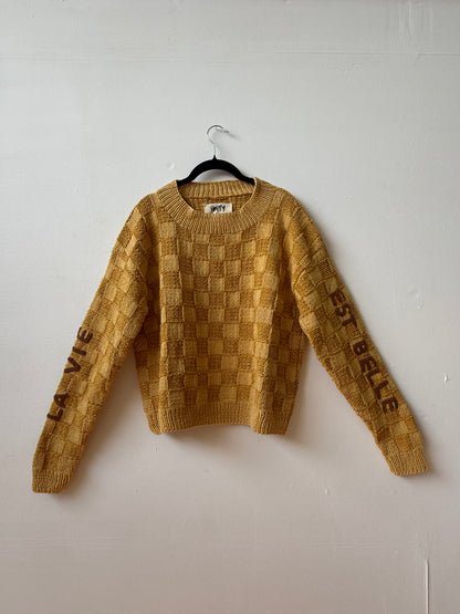 La Vie Est Belle Sweater, Hand Knit & Natural Dyes & Crochet Appliqué