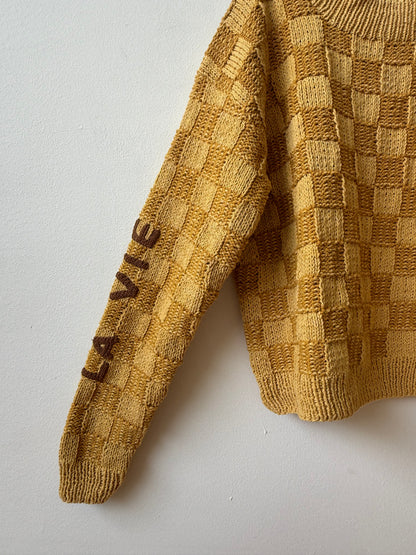 La Vie Est Belle Sweater, Hand Knit & Natural Dyes & Crochet Appliqué