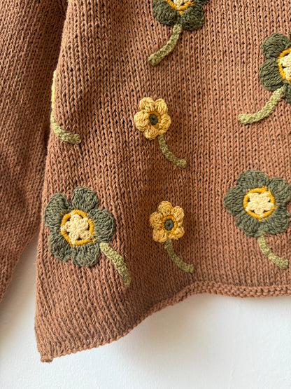 Flower Lover Sweater, Hand Knit & Natural Dyes & Crochet Appliqué