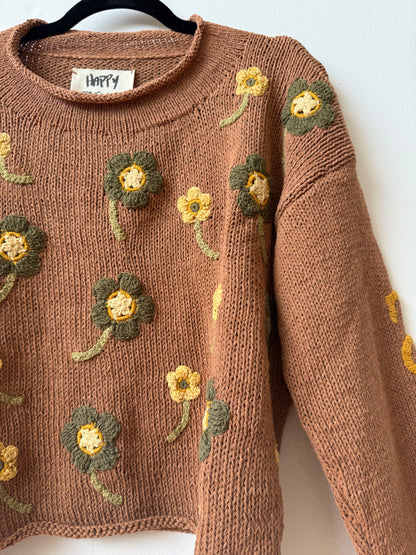 Flower Lover Sweater, Hand Knit & Natural Dyes & Crochet Appliqué