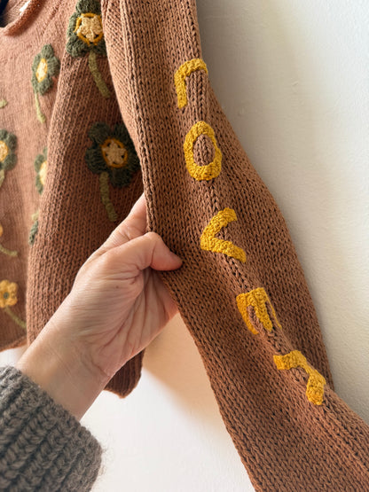 Flower Lover Sweater, Hand Knit & Natural Dyes & Crochet Appliqué