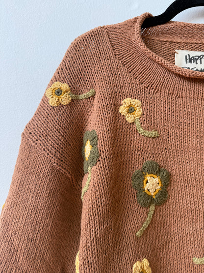 Flower Lover Sweater, Hand Knit & Natural Dyes & Crochet Appliqué