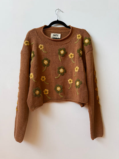 Flower Lover Sweater, Hand Knit & Natural Dyes & Crochet Appliqué