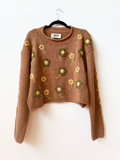 Flower Lover Sweater, Hand Knit & Natural Dyes & Crochet Appliqué