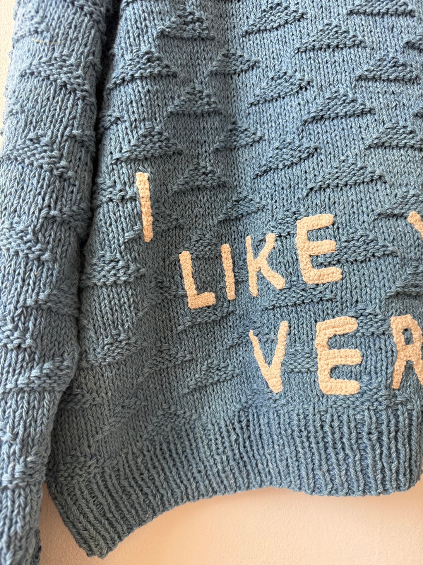 I Like You Very Much Sweater, Hand Knit & Natural Dyes & Crochet Appliqué