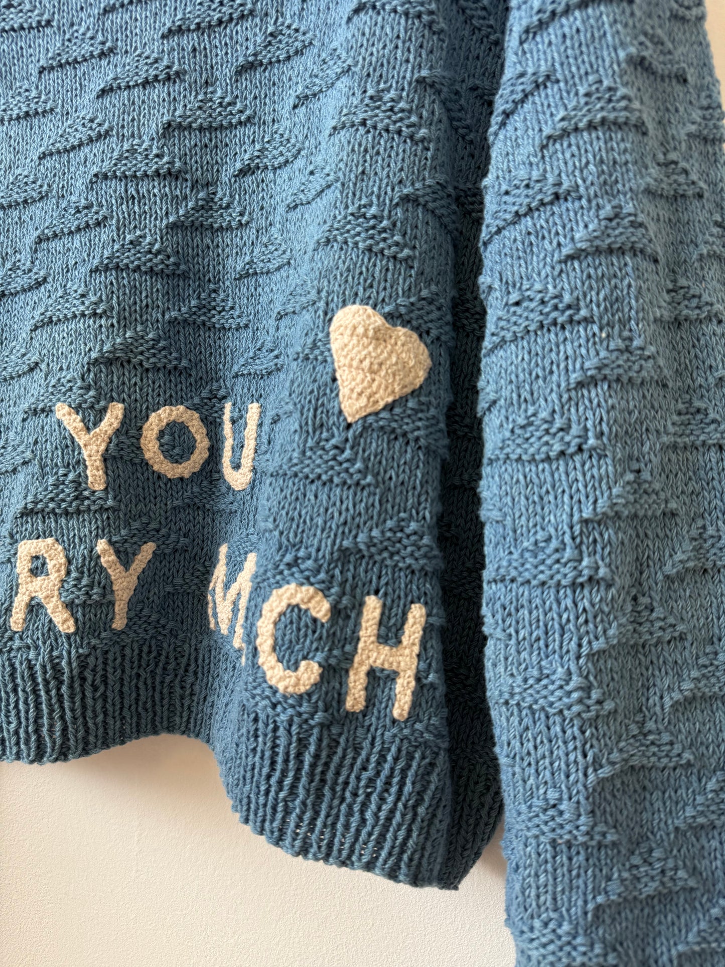 I Like You Very Much Sweater, Hand Knit & Natural Dyes & Crochet Appliqué