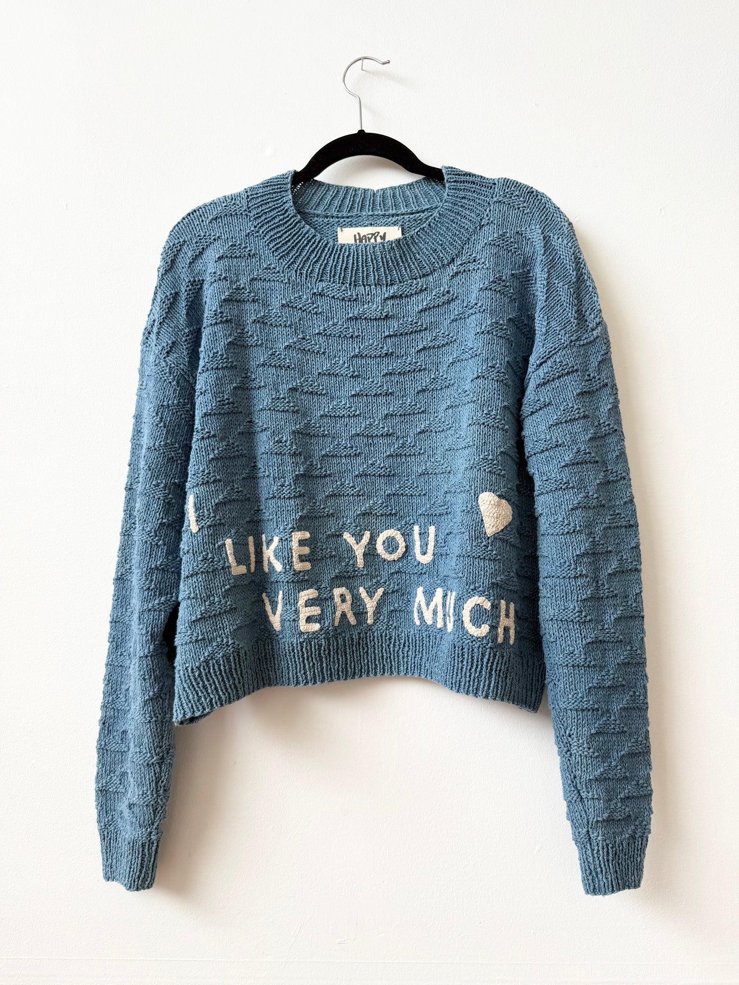 I Like You Very Much Sweater, Hand Knit & Natural Dyes & Crochet Appliqué