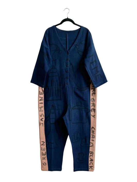 #110 Hand-painted Jumpsuit M/L - Indigo Tea Time