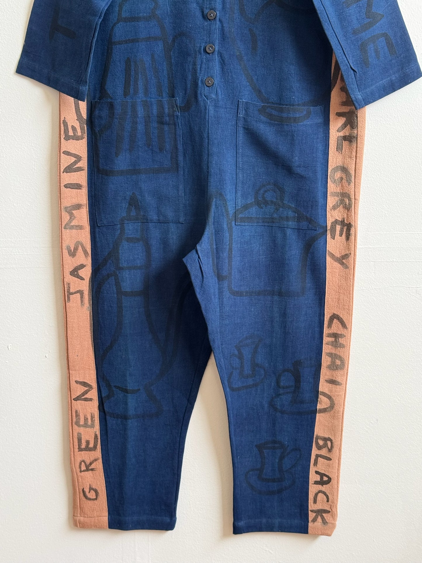 #110 Hand-painted Jumpsuit M/L - Indigo Tea Time