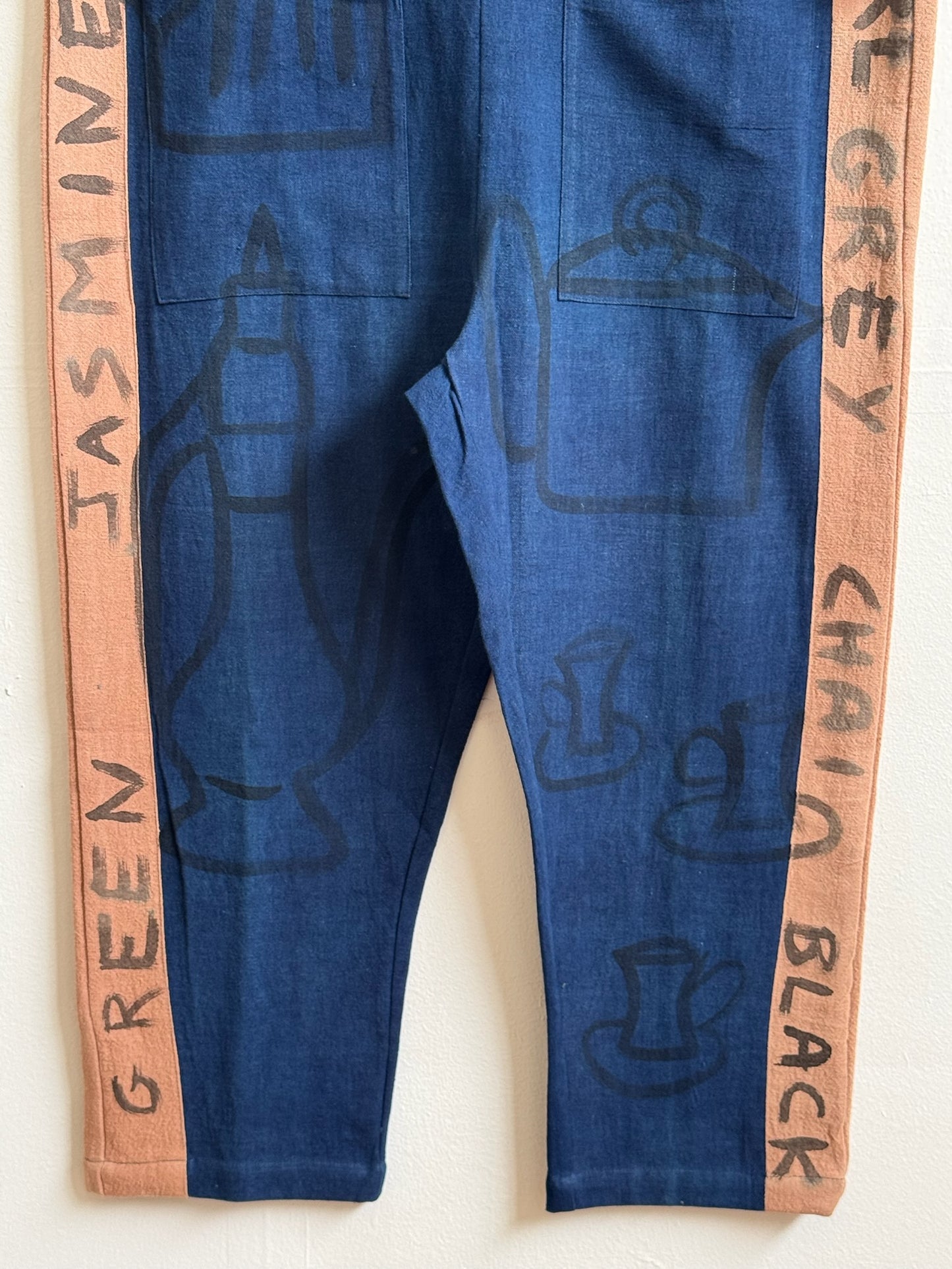 #110 Hand-painted Jumpsuit M/L - Indigo Tea Time