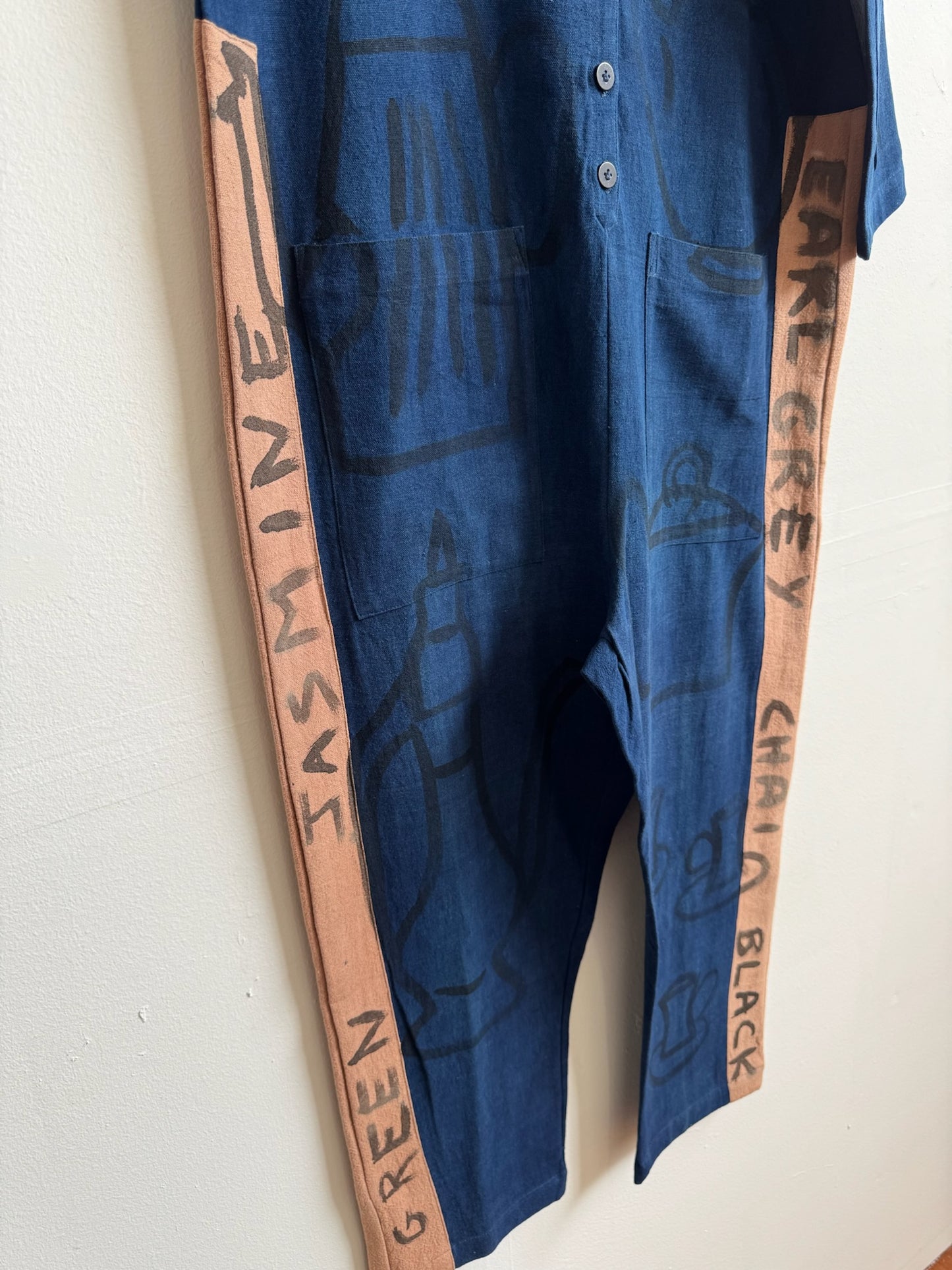 #110 Hand-painted Jumpsuit M/L - Indigo Tea Time