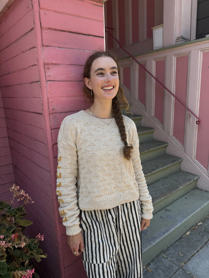 Le Soleil Brille Sweater, Hand Knit & Natural Dyes & Crochet Appliqué