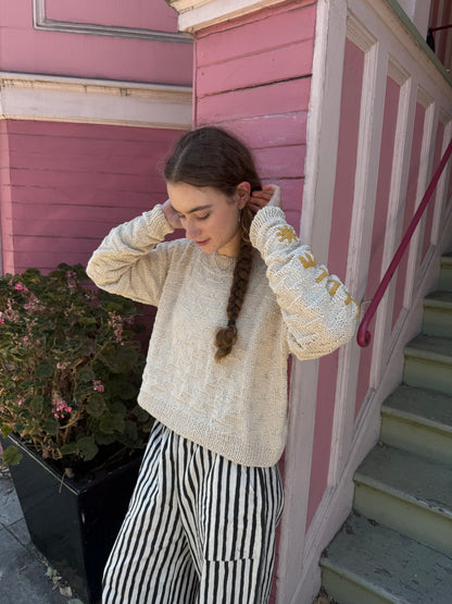 Le Soleil Brille Sweater, Hand Knit & Natural Dyes & Crochet Appliqué