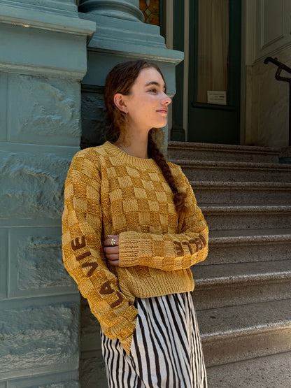 La Vie Est Belle Sweater, Hand Knit & Natural Dyes & Crochet Appliqué