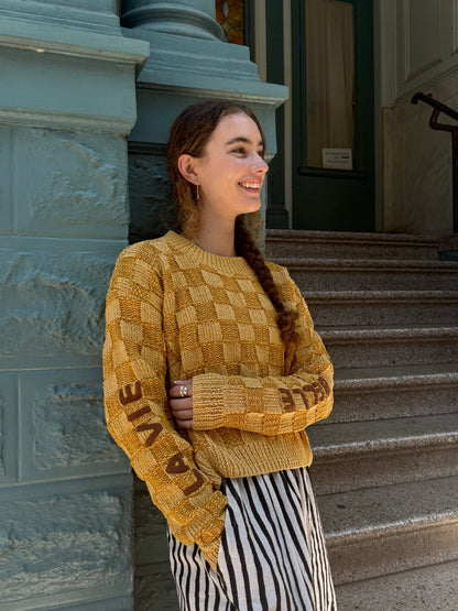 La Vie Est Belle Sweater, Hand Knit & Natural Dyes & Crochet Appliqué