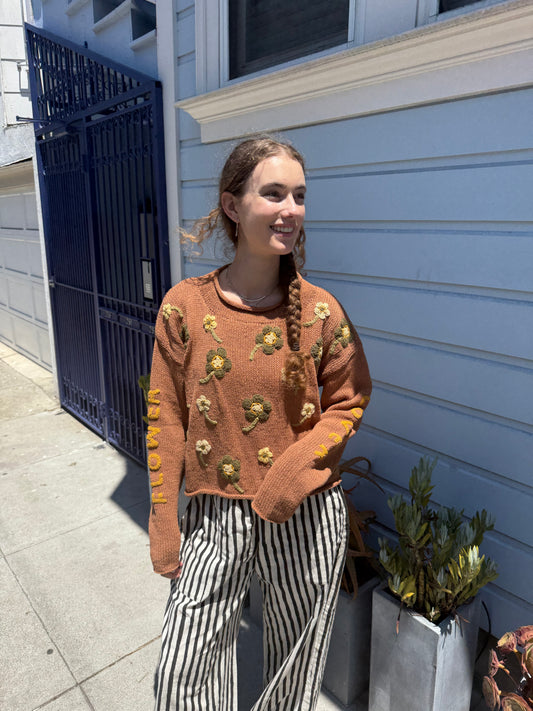 Flower Lover Sweater, Hand Knit & Natural Dyes & Crochet Appliqué