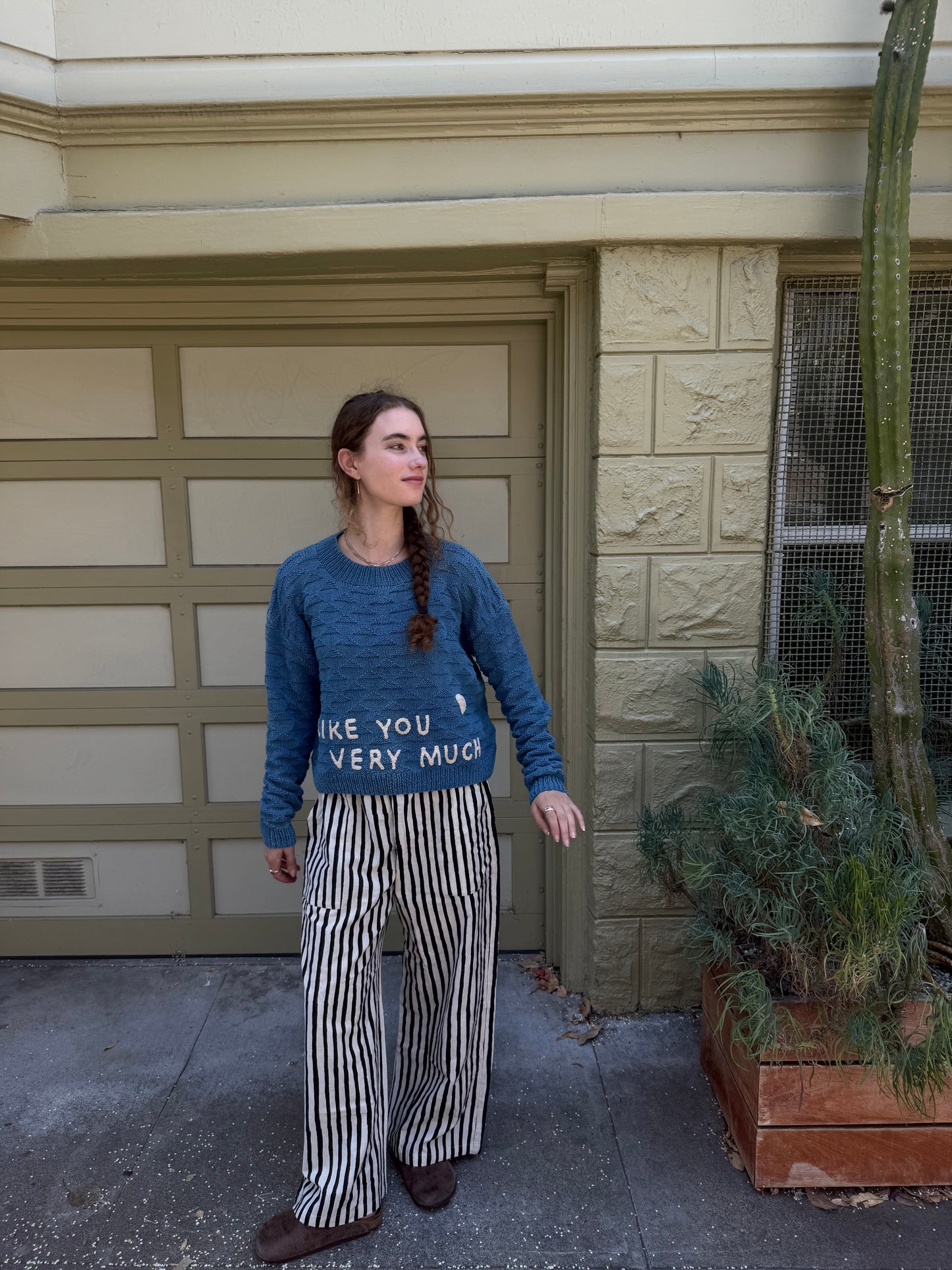 I Like You Very Much Sweater, Hand Knit & Natural Dyes & Crochet Appliqué